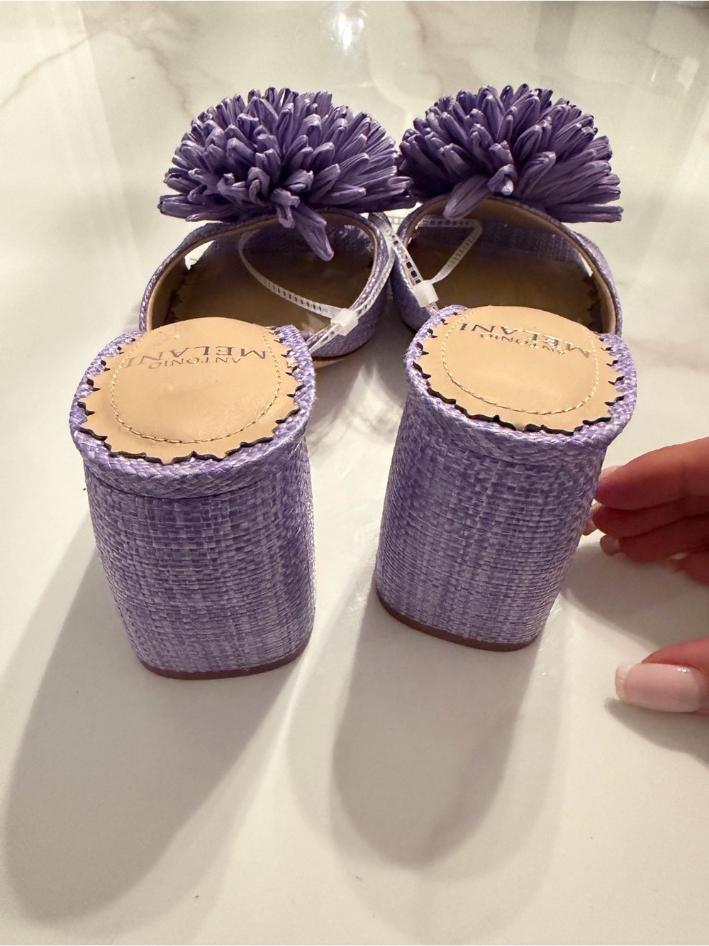 ANTONIO MELANI Lilac Pom-Pom Block Heel Mules - Picture 7 of 7